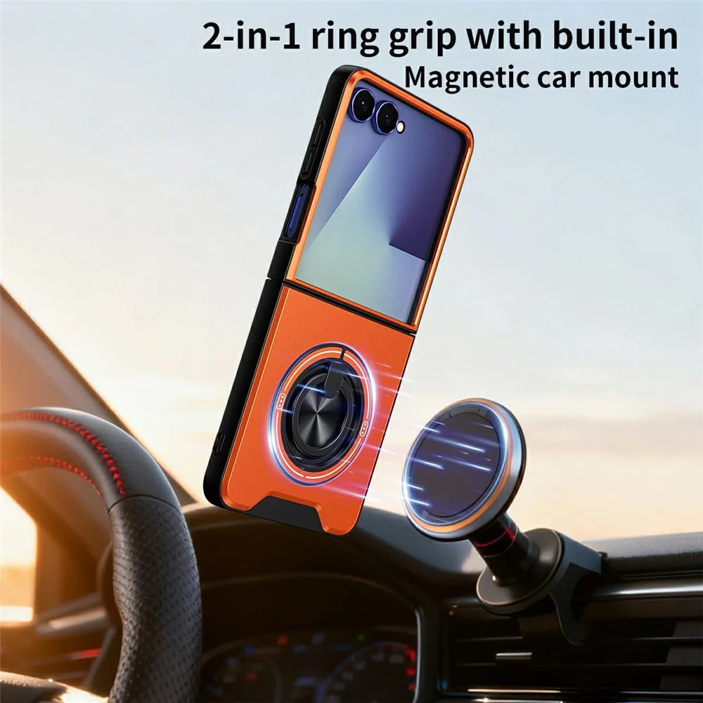 For Samsung Galaxy Z Flip8 Magnetic Case Ring Holder Foldable Kickstand TPU PC Phone Cover with Camera Lens Slider - Orange - 2