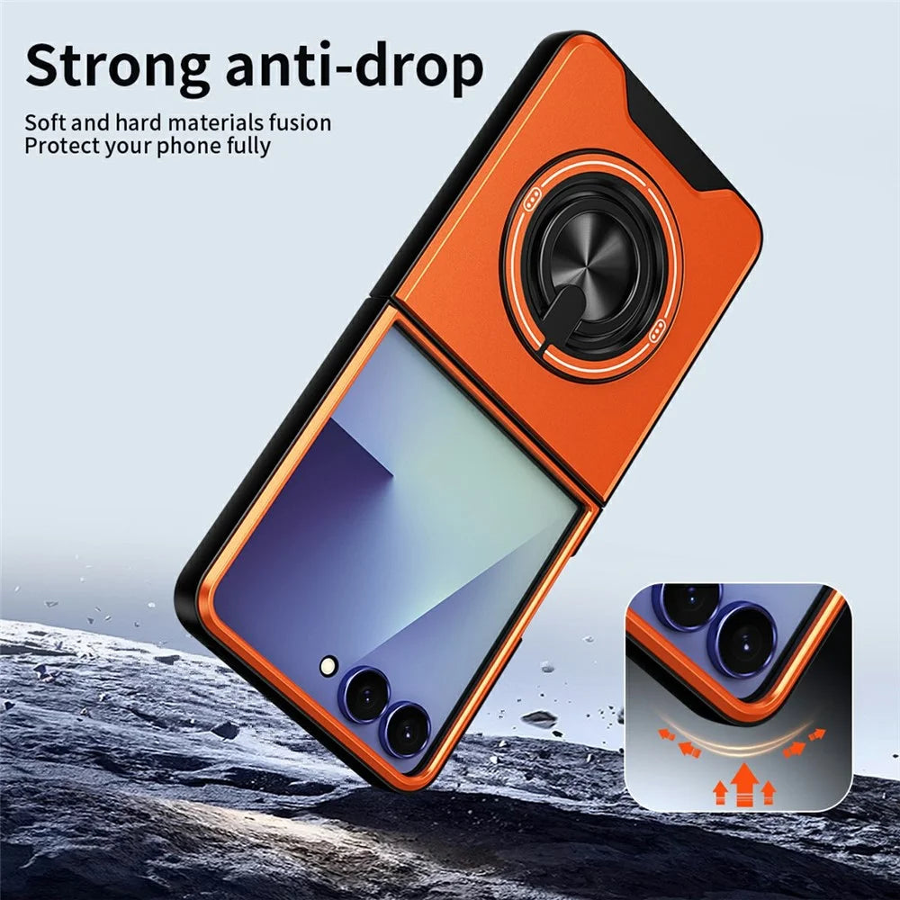 For Samsung Galaxy Z Flip8 Magnetic Case Ring Holder Foldable Kickstand TPU PC Phone Cover with Camera Lens Slider - Orange - 3