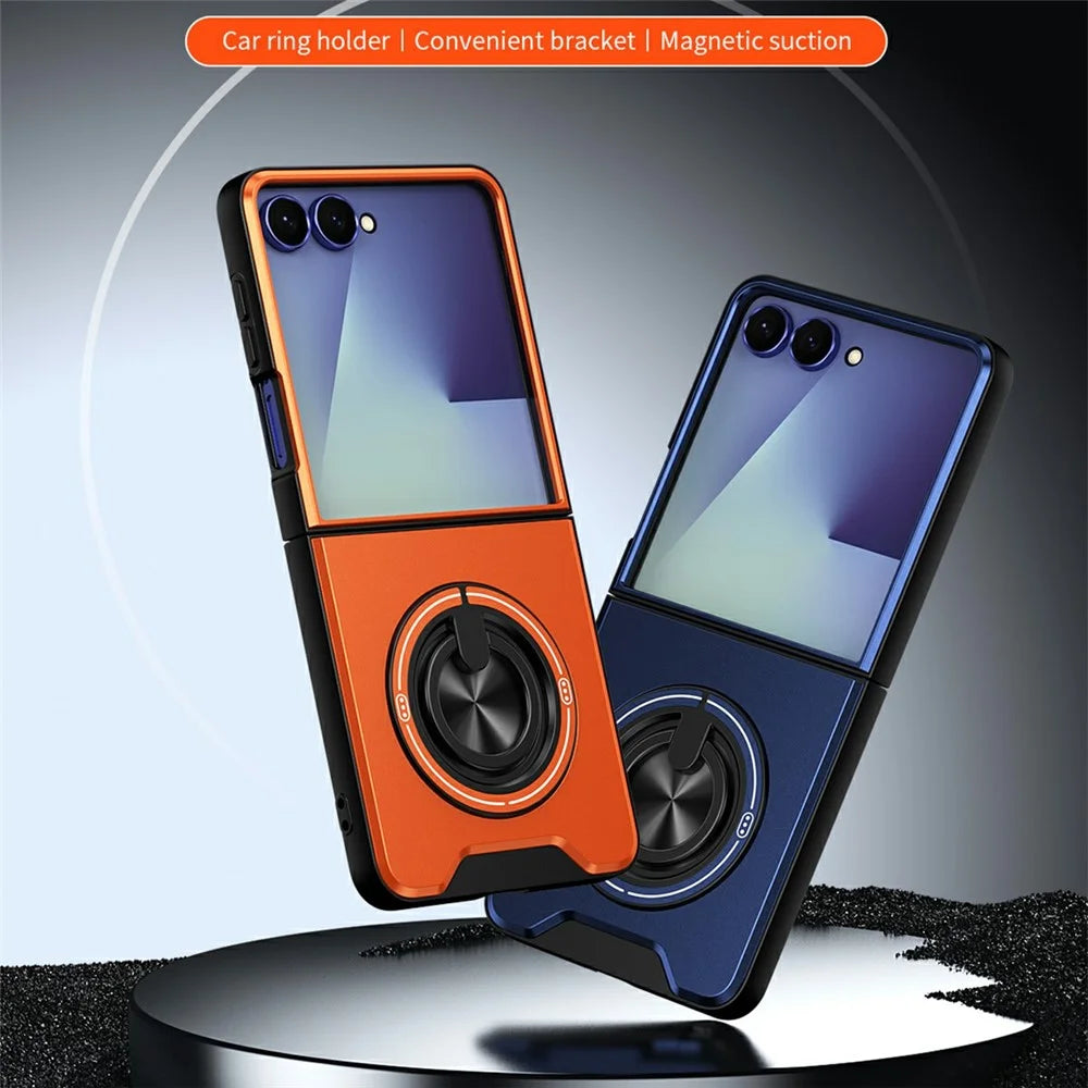 For Samsung Galaxy Z Flip8 Magnetic Case Ring Holder Foldable Kickstand TPU PC Phone Cover with Camera Lens Slider - Orange - 4