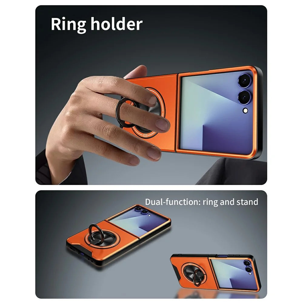 For Samsung Galaxy Z Flip8 Magnetic Case Ring Holder Foldable Kickstand TPU PC Phone Cover with Camera Lens Slider - Orange - 5