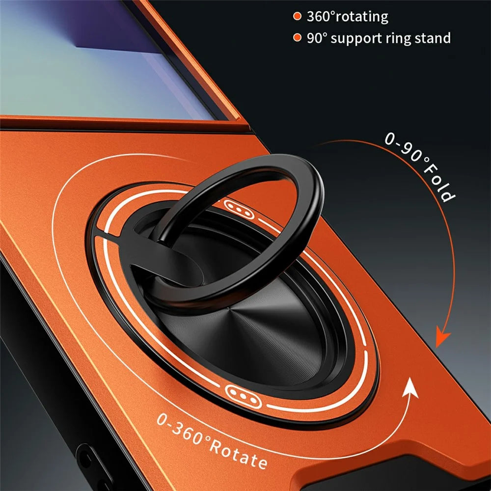 For Samsung Galaxy Z Flip8 Magnetic Case Ring Holder Foldable Kickstand TPU PC Phone Cover with Camera Lens Slider - Orange - 6