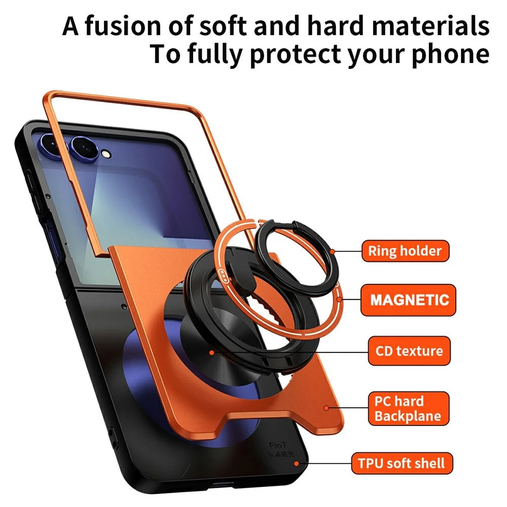 For Samsung Galaxy Z Flip8 Magnetic Case Ring Holder Foldable Kickstand TPU PC Phone Cover with Camera Lens Slider - Orange - 7