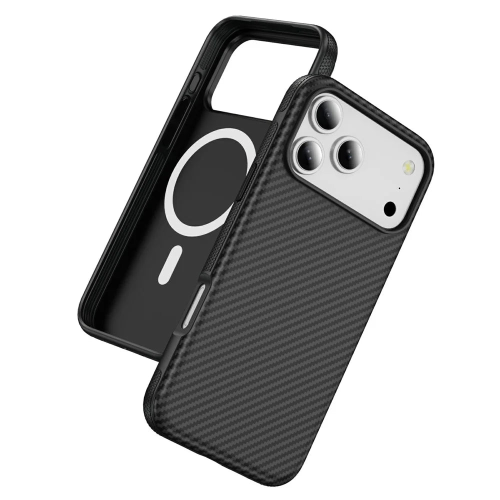 For iPhone 18 Pro / 17 Pro Magnetic Phone Case Carbon Fiber Texture PC TPU Back Cover - Black - 1