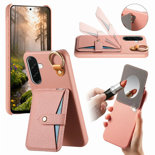For Samsung Galaxy A57 5G Case Card Slot Kickstand Litchi Texture Leatrher + PC Phone Cover with Mirror - Pink - 1