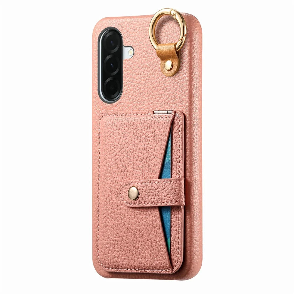 For Samsung Galaxy A57 5G Case Card Slot Kickstand Litchi Texture Leatrher + PC Phone Cover with Mirror - Pink - 2
