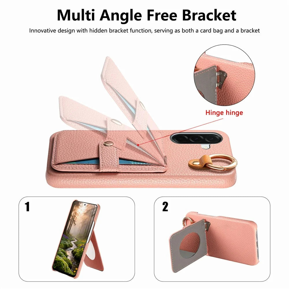 For Samsung Galaxy A57 5G Case Card Slot Kickstand Litchi Texture Leatrher + PC Phone Cover with Mirror - Pink - 4
