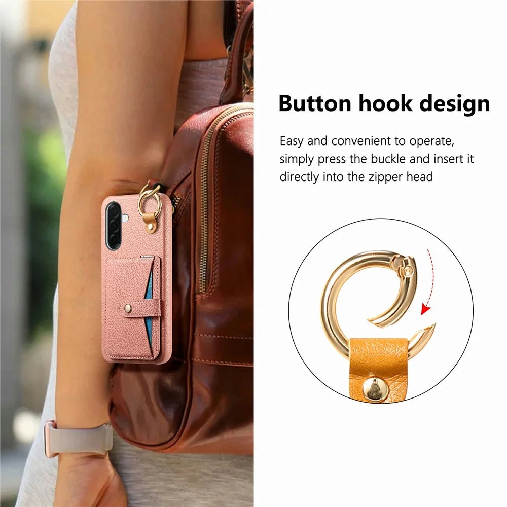 For Samsung Galaxy A57 5G Case Card Slot Kickstand Litchi Texture Leatrher + PC Phone Cover with Mirror - Pink - 5
