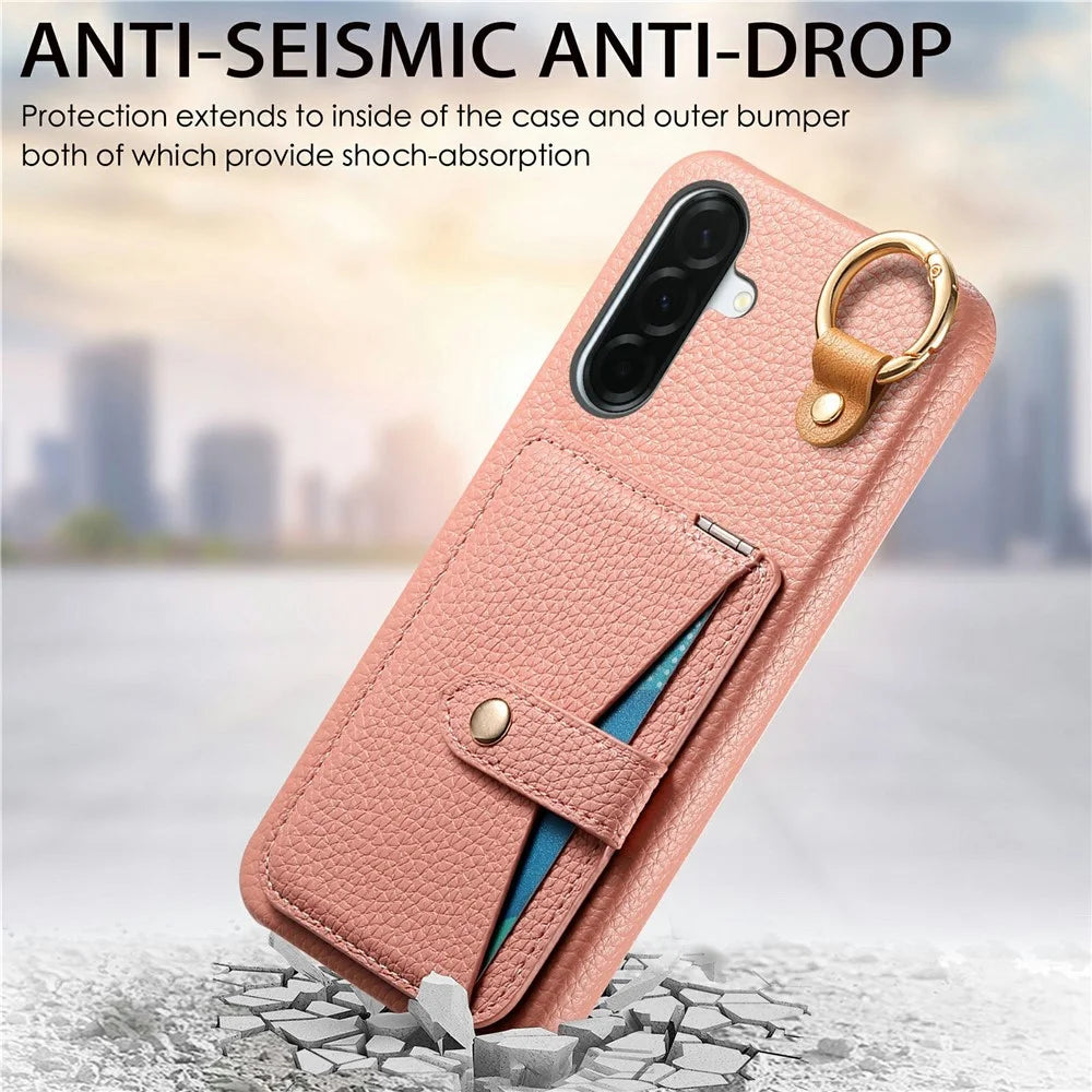 For Samsung Galaxy A57 5G Case Card Slot Kickstand Litchi Texture Leatrher + PC Phone Cover with Mirror - Pink - 6