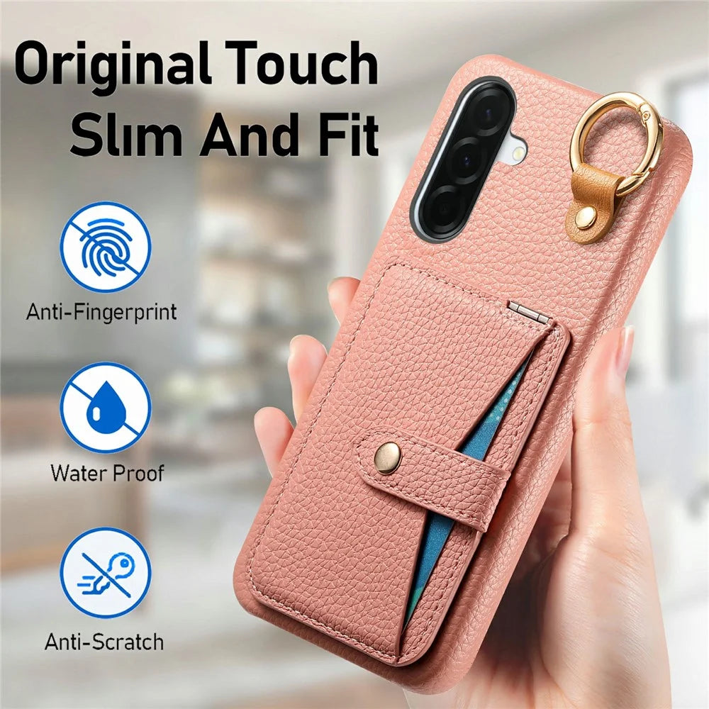 For Samsung Galaxy A57 5G Case Card Slot Kickstand Litchi Texture Leatrher + PC Phone Cover with Mirror - Pink - 7