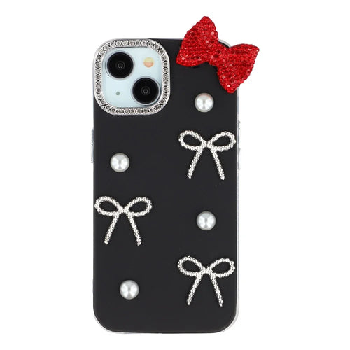 For iPhone 14 Case Pearl Bow Decor PC + TPU IMD Phone Cover with Rhinestone Camera Ring - Classic Black - 1