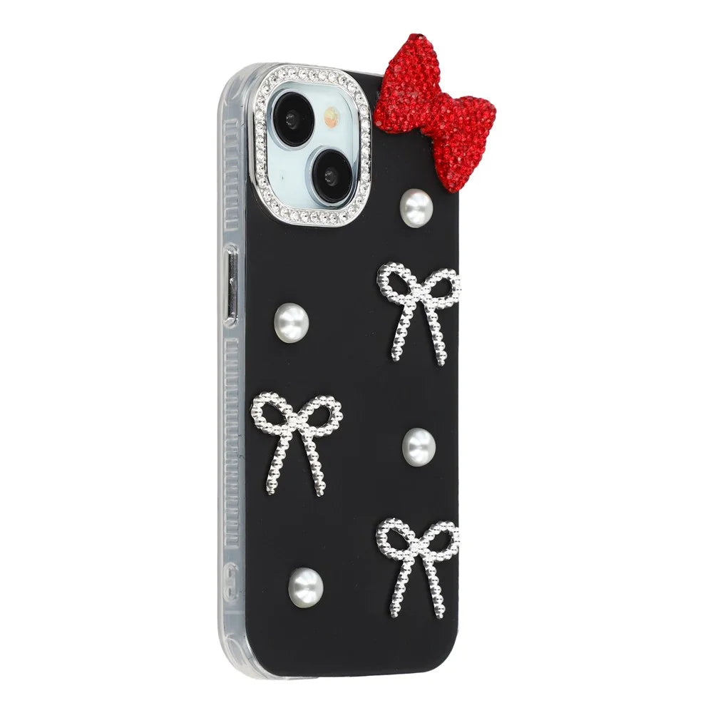 For iPhone 14 Case Pearl Bow Decor PC + TPU IMD Phone Cover with Rhinestone Camera Ring - Classic Black - 2