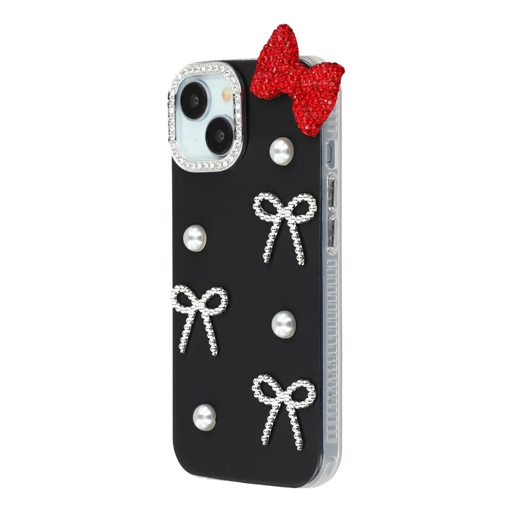 For iPhone 14 Case Pearl Bow Decor PC + TPU IMD Phone Cover with Rhinestone Camera Ring - Classic Black - 3