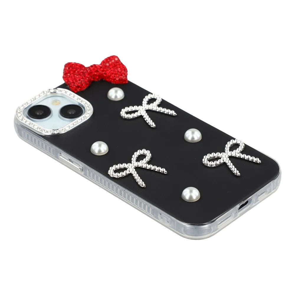 For iPhone 14 Case Pearl Bow Decor PC + TPU IMD Phone Cover with Rhinestone Camera Ring - Classic Black - 4