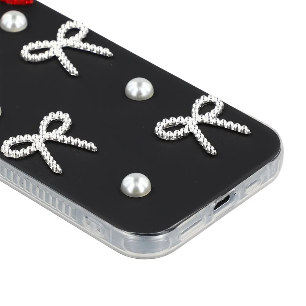 For iPhone 14 Case Pearl Bow Decor PC + TPU IMD Phone Cover with Rhinestone Camera Ring - Classic Black - 6