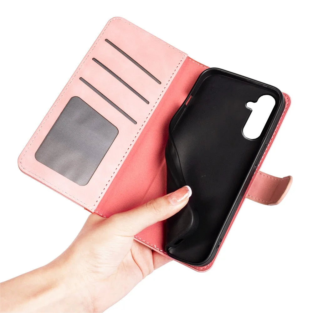 For Samsung Galaxy A54 5G Dual Color Splicing Folio Flip Phone Case Shockproof PU Leather Mobile Phone Cover with Stand Wallet - Pink - 5