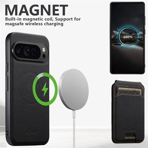 SUTENI H16 For Google Pixel 11 Magnetic Case Detachable Card Holder Kickstand Litchi Texture PU Leather TPU Phone Cover - Black - 2