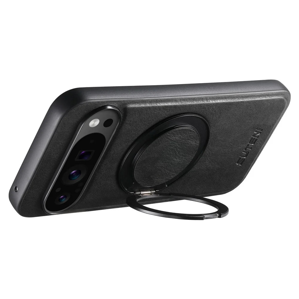 SUTENI G3 For Google Pixel 11 Magnetic Case Waxy Texture Rotating Kickstand Leather Phone Back Cover - Black - 4