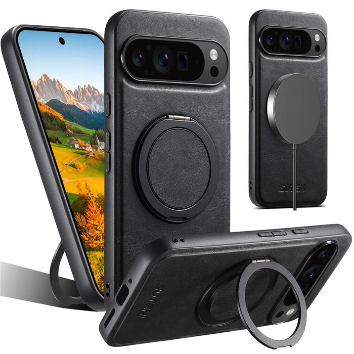 SUTENI G3 For Google Pixel 11 Pro XL Magnetic Case Waxy Texture Rotating Kickstand Leather Phone Back Cover - Black - 1
