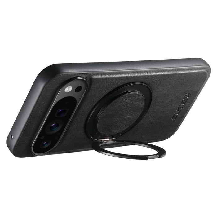 SUTENI G3 For Google Pixel 11 Pro XL Magnetic Case Waxy Texture Rotating Kickstand Leather Phone Back Cover - Black - 4