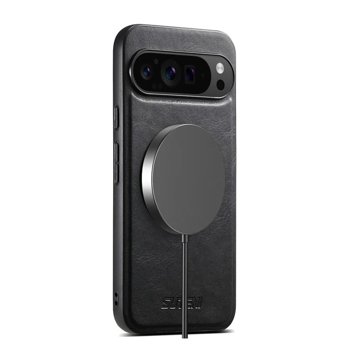 SUTENI G3 For Google Pixel 11 Pro XL Magnetic Case Waxy Texture Rotating Kickstand Leather Phone Back Cover - Black - 6