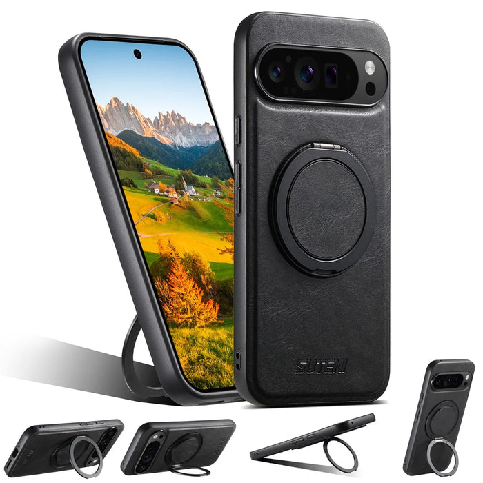 SUTENI G3 For Google Pixel 11 Pro XL Magnetic Case Waxy Texture Rotating Kickstand Leather Phone Back Cover - Black - 7