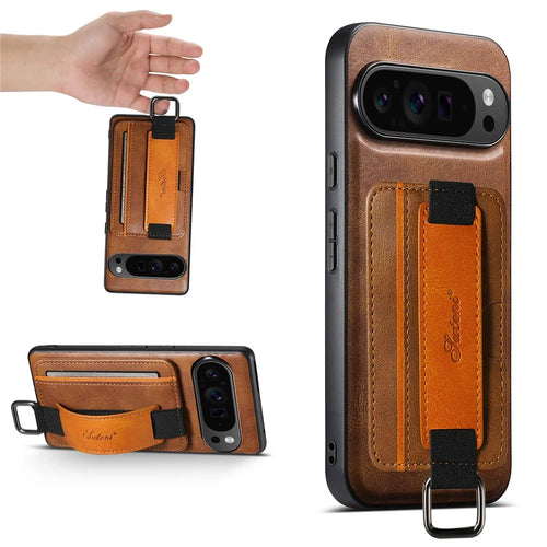 SUTENI H13 For Google Pixel 11 Case Card Holder Wristband Waxy Texture Leather + TPU + PC Cover - Brown - 1