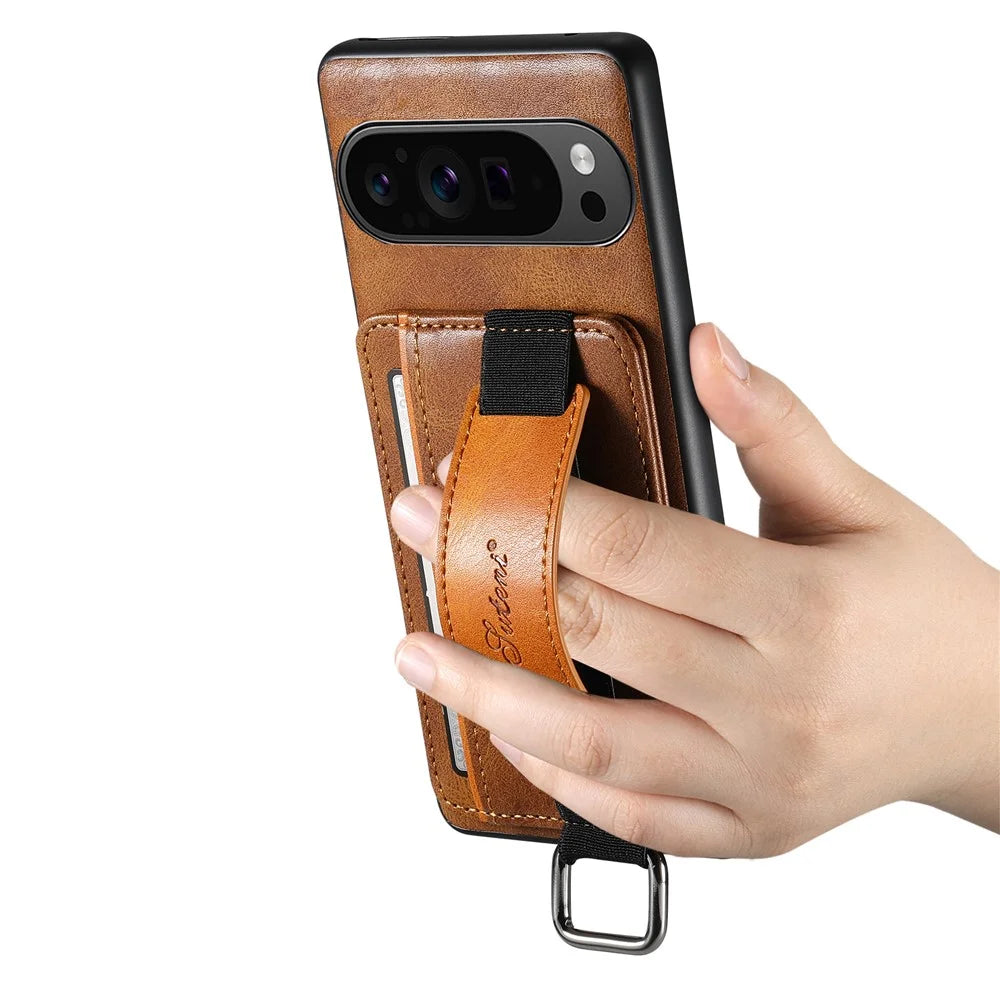 SUTENI H13 For Google Pixel 11 Case Card Holder Wristband Waxy Texture Leather + TPU + PC Cover - Brown - 4