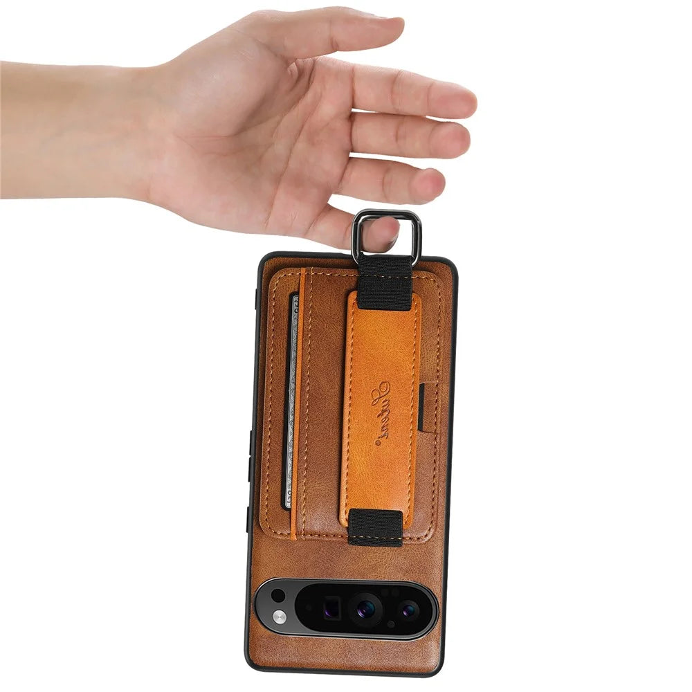 SUTENI H13 For Google Pixel 11 Case Card Holder Wristband Waxy Texture Leather + TPU + PC Cover - Brown - 5