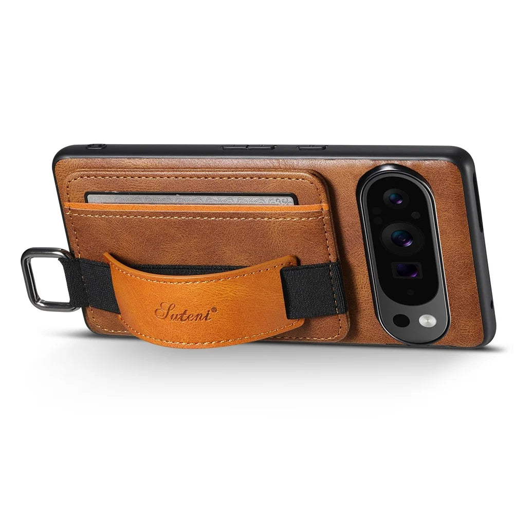 SUTENI H13 For Google Pixel 11 Pro XL Case Card Holder Wristband Waxy Texture Leather + TPU + PC Cover - Brown - 3