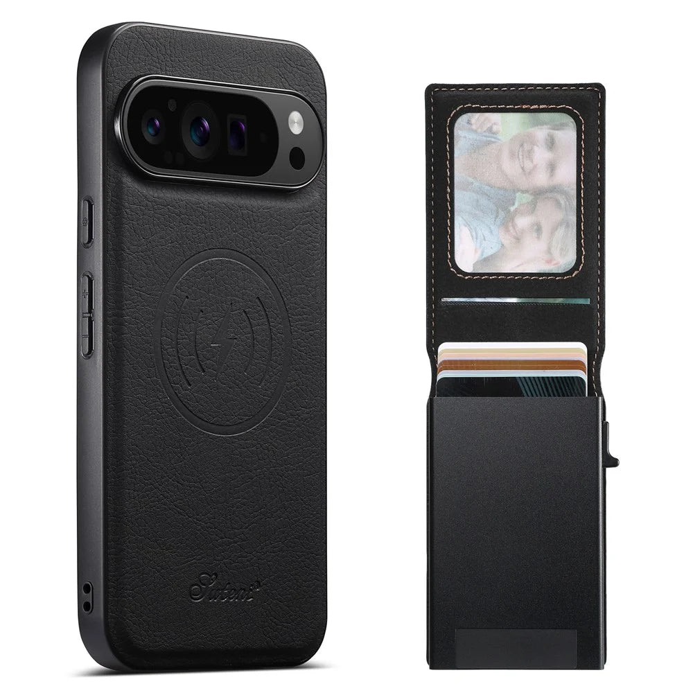 SUTENI H19 For Google Pixel 11 Magnetic Case Card Holder Kickstand Litchi Texture Leather Back Cover - Black - 1