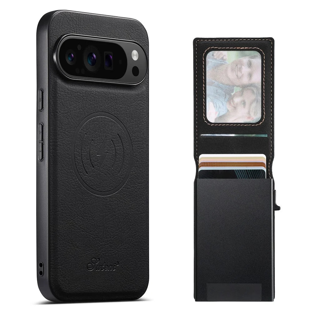 SUTENI H19 For Google Pixel 11 Pro Magnetic Case Card Holder Kickstand Litchi Texture Leather Back Cover - Black - 1