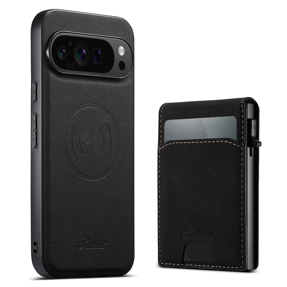 SUTENI H19 For Google Pixel 11 Pro Magnetic Case Card Holder Kickstand Litchi Texture Leather Back Cover - Black - 5