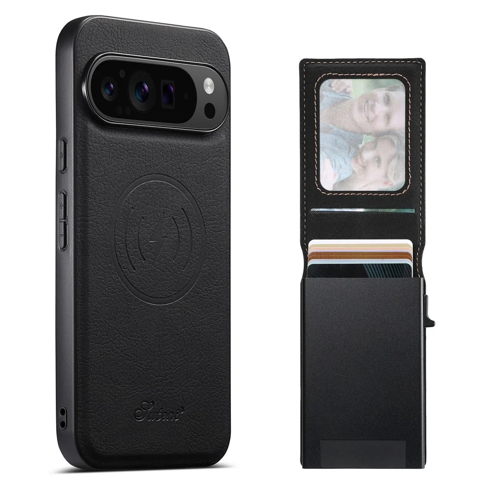 SUTENI H19 For Google Pixel 11 Pro XL Magnetic Case Card Holder Kickstand Litchi Texture Leather Back Cover - Black - 1