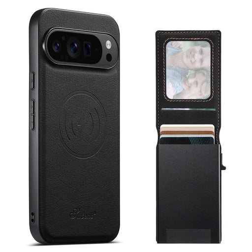 SUTENI H19 For Google Pixel 11 Pro XL Magnetic Case Card Holder Kickstand Litchi Texture Leather Back Cover - Black - 1