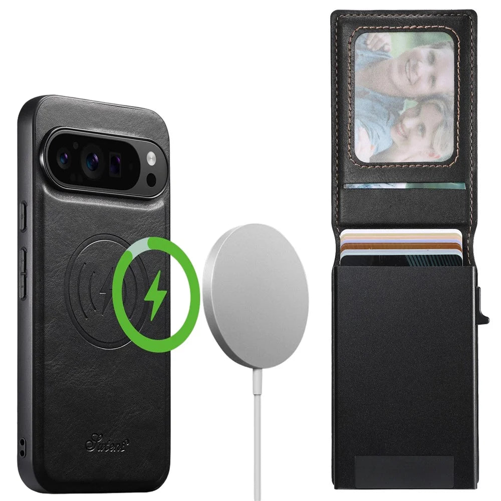 SUTENI H19 for Google Pixel 11 Pro XL Magnetic Case Waxy Texture Card Slots Leather Back Phone Cover - Black - 1