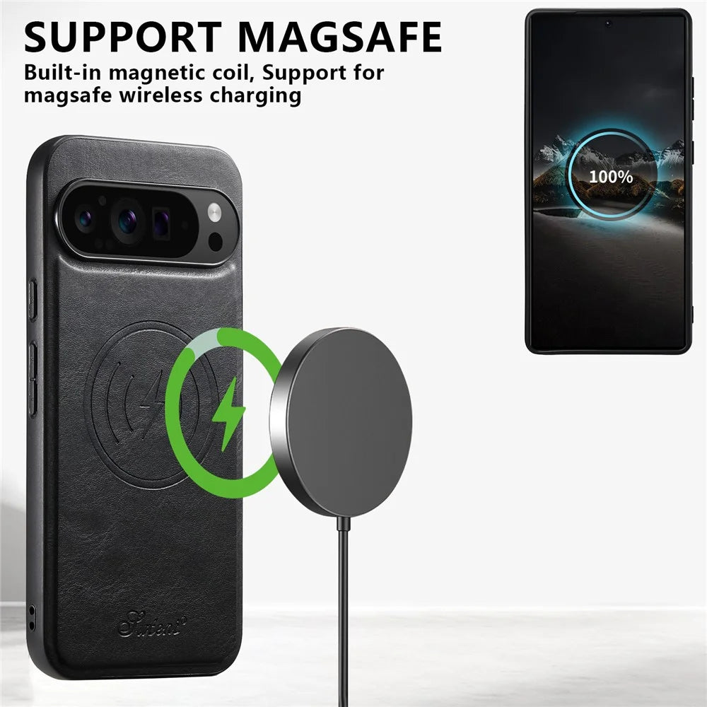 SUTENI H19 for Google Pixel 11 Pro XL Magnetic Case Waxy Texture Card Slots Leather Back Phone Cover - Black - 4