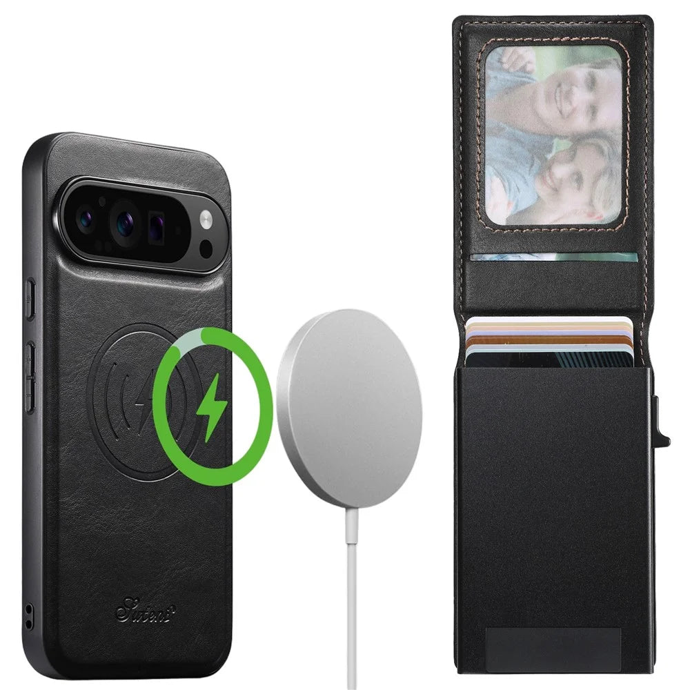 SUTENI H19 for Google Pixel 11 Magnetic Case Waxy Texture Card Slots Leather Back Phone Cover - Black - 1