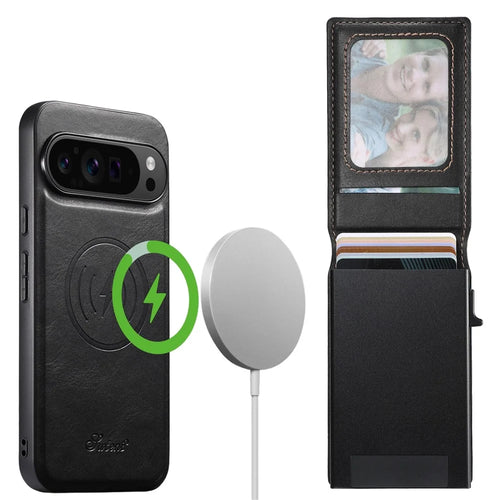 SUTENI H19 for Google Pixel 11 Pro Magnetic Case Waxy Texture Card Slots Leather Back Phone Cover - Black - 1