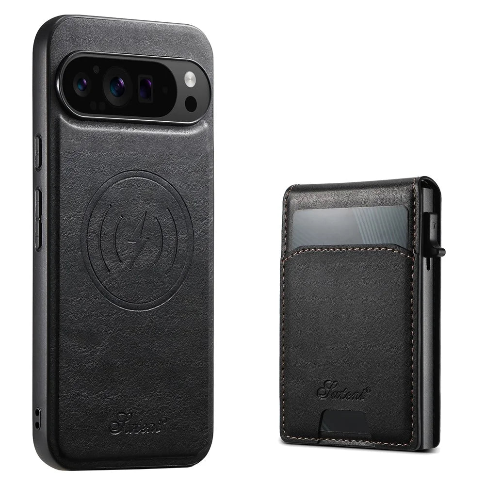 SUTENI H19 for Google Pixel 11 Pro Magnetic Case Waxy Texture Card Slots Leather Back Phone Cover - Black - 2