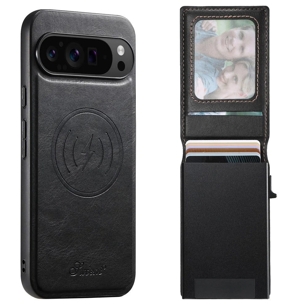 SUTENI H19 for Google Pixel 11 Pro Magnetic Case Waxy Texture Card Slots Leather Back Phone Cover - Black - 3