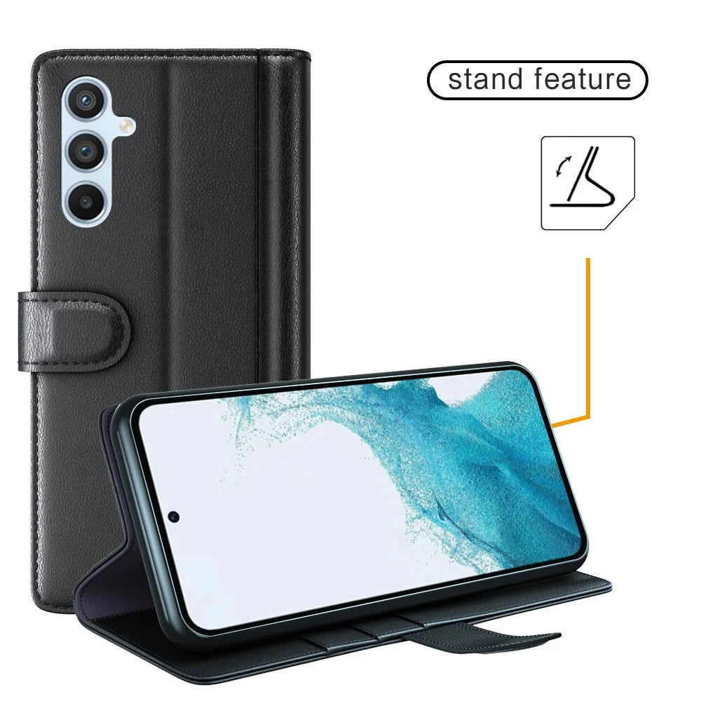 For Samsung Galaxy A54 5G Case Genuine Split Leather Phone Cover with Wallet Stand - Black - 6