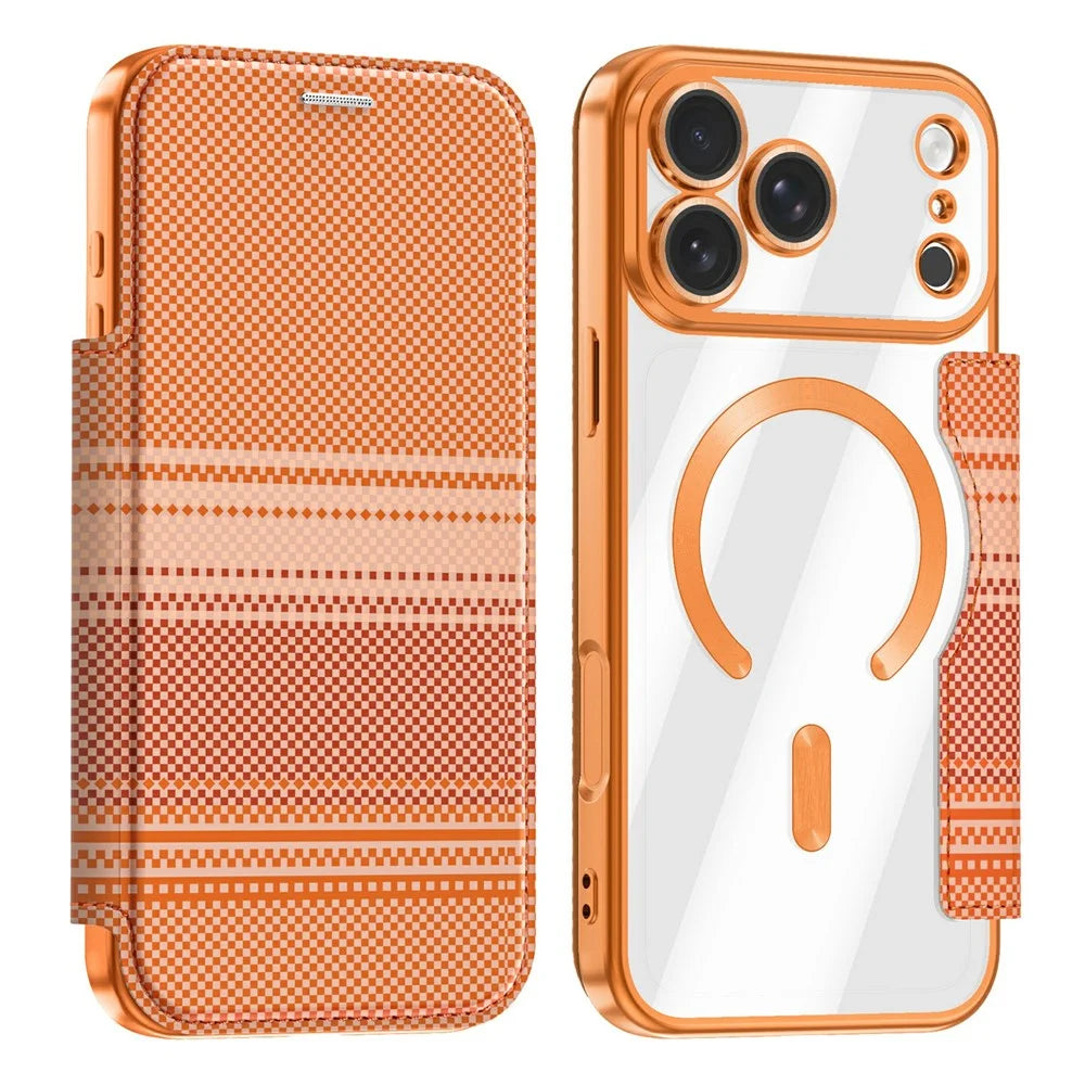 For iPhone 18 Pro Magnetic Case RFID Blocking Card Slots Leather Cover - Orange - 1