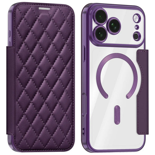 For iPhone 18 Pro Max Magnetic Case RFID Blocking Card Holder Rhombus PU Leather Phone Cover with Lens Film - Dark Purple - 1