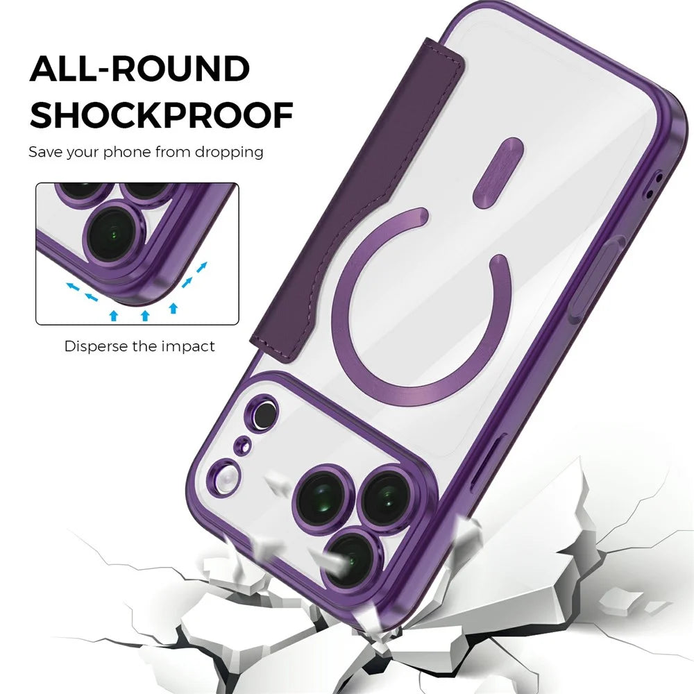 For iPhone 18 Pro Max Magnetic Case RFID Blocking Card Holder Rhombus PU Leather Phone Cover with Lens Film - Dark Purple - 6
