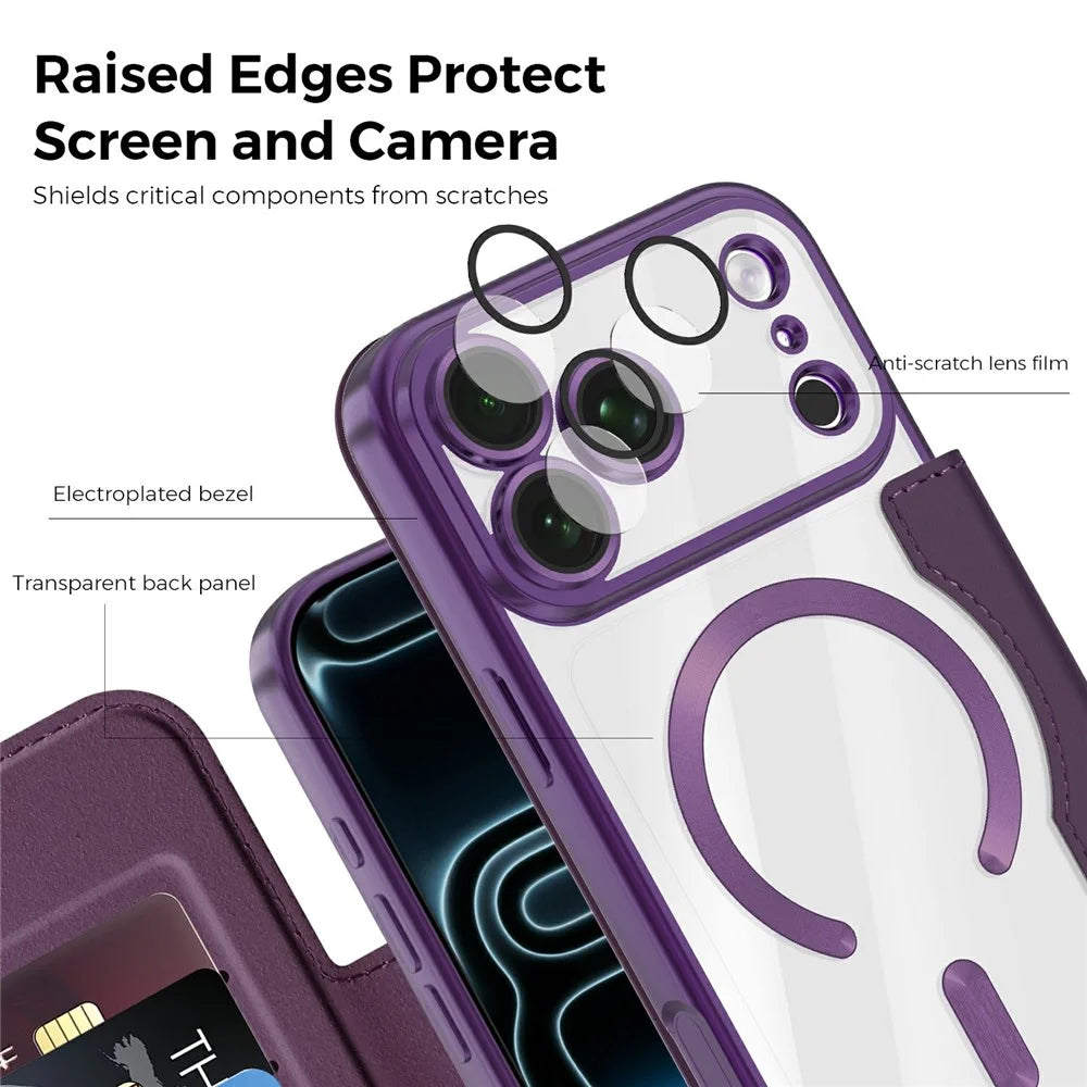 For iPhone 18 Pro Max Magnetic Case RFID Blocking Card Holder Rhombus PU Leather Phone Cover with Lens Film - Dark Purple - 7