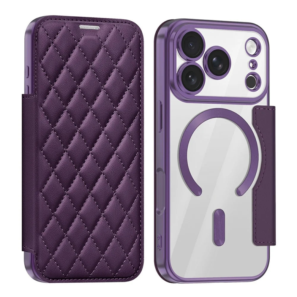 For iPhone 18 Pro Magnetic Case RFID Blocking Card Holder Rhombus PU Leather Phone Cover with Lens Film - Dark Purple - 1