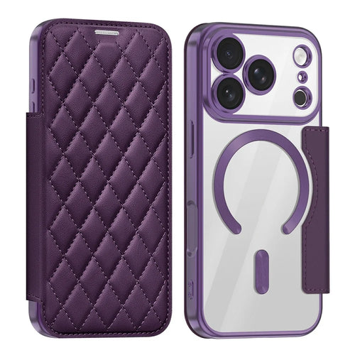 For iPhone 18 Pro Magnetic Case RFID Blocking Card Holder Rhombus PU Leather Phone Cover with Lens Film - Dark Purple - 1