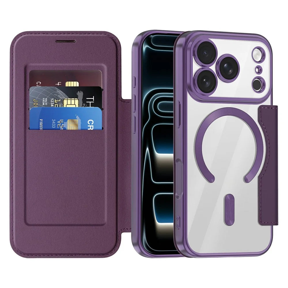 For iPhone 18 Pro Magnetic Case RFID Blocking Card Holder Rhombus PU Leather Phone Cover with Lens Film - Dark Purple - 2