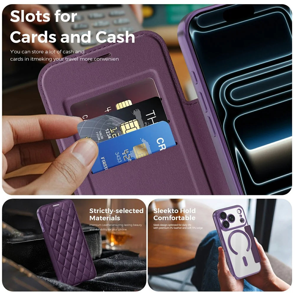 For iPhone 18 Pro Magnetic Case RFID Blocking Card Holder Rhombus PU Leather Phone Cover with Lens Film - Dark Purple - 3