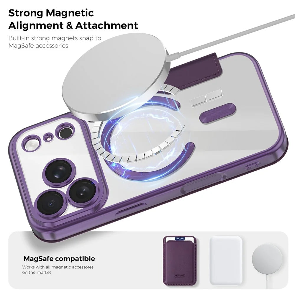 For iPhone 18 Pro Magnetic Case RFID Blocking Card Holder Rhombus PU Leather Phone Cover with Lens Film - Dark Purple - 4